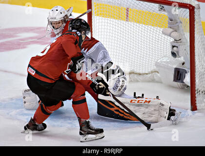 Vancouver. Il 26 dicembre, 2018. Danimarca il goalie Mads Soegaard (L) e del Canada Morgan Frost competere durante la IIHF Junior World Championships in Vancouver, Dic 26, 2018. Il Canada ha vinto la partita preliminare 14-0. Credito: Andrew Soong/Xinhua/Alamy Live News Foto Stock