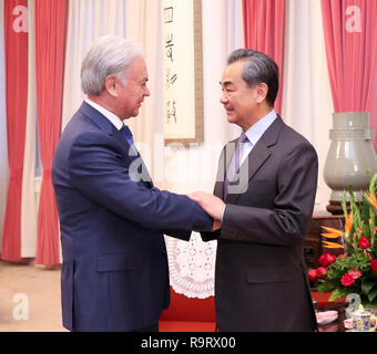 Pechino, Cina. 28 dicembre, 2018. Cinese il consigliere di Stato e Ministro degli Esteri Wang Yi (R) soddisfa con Rashid Alimov, in uscita il Segretario generale dell'Organizzazione per la cooperazione di Shanghai, Pechino, capitale della Cina, Dic 28, 2018. Credito: Ding Hai-tao/Xinhua/Alamy Live News Foto Stock