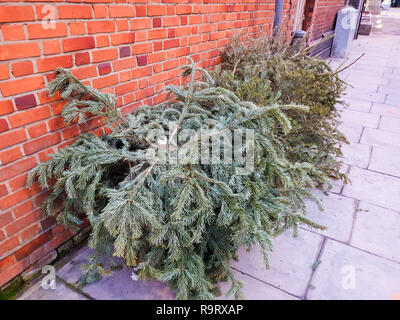 A nord di Londra, Regno Unito. 28 dicembre, 2018. Alberi di Natale sono oggetto di pratiche di dumping su un marciapiede fuori St Ann's MOT Centre nel nord di Londra ad appena tre giorni dopo il giorno di Natale. Credito: Dinendra Haria/Alamy Live News Foto Stock