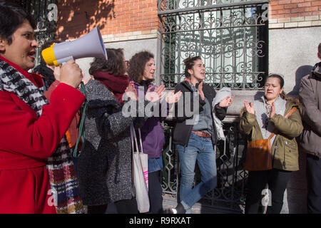 Madrid, Spagna. 28 dicembre, 2018. Gli attivisti si vede gridando alla porta del fondo di investimento Tessa Iberica per fermare lo sfratto durante la protesta.cinquanta attivisti di inquilini Unione di Madrid hanno protestato per premere e fermare lo sfratto di Juan de Vera dalla casa dove vive dal Tessa Iberica, fondo di investimento. Gli attivisti sono andati al quartier generale per parlare con il suo avvocato. Credito: Lito Lizana/SOPA Immagini/ZUMA filo/Alamy Live News Foto Stock