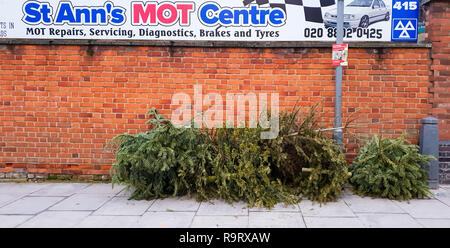 A nord di Londra, Regno Unito. 28 dicembre, 2018. Alberi di Natale sono oggetto di pratiche di dumping su un marciapiede fuori St Ann's MOT Centre nel nord di Londra ad appena tre giorni dopo il giorno di Natale sotto 'No Fly il ribaltamento di segno. Credito: Dinendra Haria/Alamy Live News Foto Stock