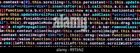 Funzioni di Javascript, variabili di oggetti. Primo piano del monitor della funzione del codice sorgente. Specialista IT sul posto di lavoro. Grande dati e Internet delle cose la tendenza. HTM Foto Stock
