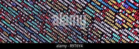 Funzioni di Javascript, variabili di oggetti. Primo piano del monitor della funzione del codice sorgente. Specialista IT sul posto di lavoro. Grande dati e Internet delle cose la tendenza. HTM Foto Stock