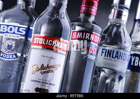 POZNAN, Polonia - 15 NOV 2018: bottiglie di diversi marchi globali di vodka, la più grande del mondo del commercio internazionale spirito con la previsione di vendita di Foto Stock