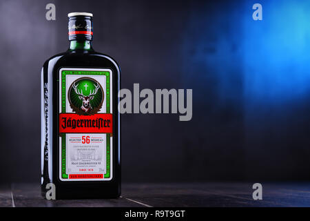 POZNAN, Polonia - Nov 29, 2018: Bottiglia di Jagermeister, Tedesco il digestivo realizzato con 56 erbe e spezie, il prodotto di punta del Mast-Jagermeister SE Foto Stock