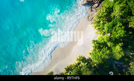 Spiaggia tropicale con mare e palm presi da fuco. Anse Lazio beach a Isola di Praslin, Seychelles. Vacanze Vacanze concept Foto Stock