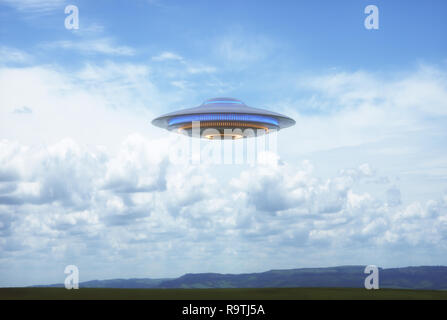 Oggetto Volante non Identificato UFO nel torbido cielo blu. 3D illustrazione nel quadro reale. Foto Stock