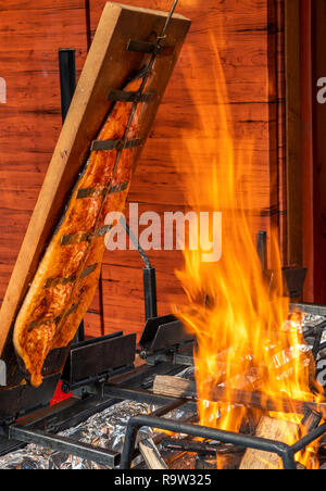 Fiammata di salmone, Mercatino di Natale nel centro storico di Heidelberg, con il castello di Heidelberg, Heidelberg, Baden-Württemberg, Germania, Europa Foto Stock