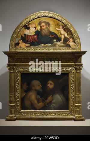 Dipinto 'Cristo che porta la croce' ('Ecce Homo') dal Rinascimento italiano pittore Giorgione o probabilmente di Tiziano (1505) sul display nella Scuola Grande di San Rocco a Venezia, Italia. Foto Stock