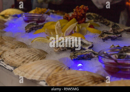 Servire con ghiaccio, limoni, conchiglie e oyster Foto Stock