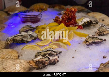 Servire con ghiaccio, limoni, conchiglie e oyster Foto Stock