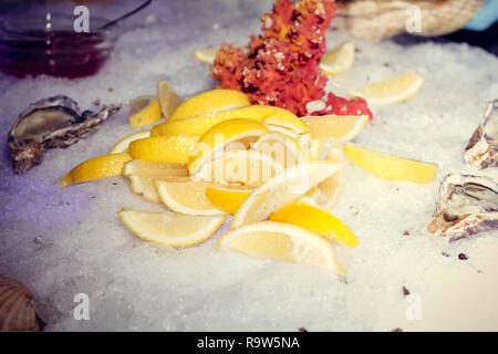 Servire con ghiaccio, limoni, conchiglie e oyster Foto Stock