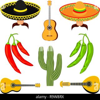 Cartoon colorati 8 elementi messicano Illustrazione Vettoriale