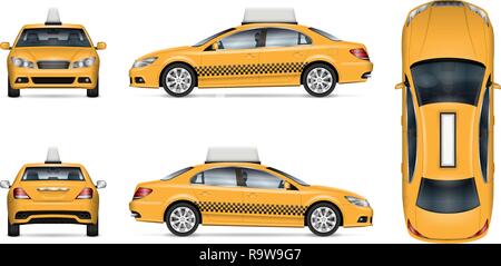 Taxi auto mockup del vettore su sfondo bianco per veicolo branding, corporate identity e pubblicità. Editing semplice e ricolora. Illustrazione Vettoriale