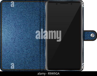 Smartphone realistici in blu denim caso isolato illustrazione vettoriale su sfondo bianco. Telefono cellulare mockup con schermo vuoto Illustrazione Vettoriale