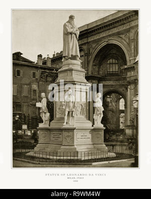 Milano, Italia e la statua di Leonardo Da Vinci, antichi Fotografia Italiana, 1893 Foto Stock