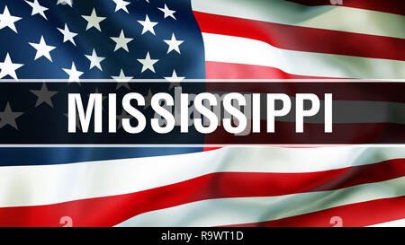 La Mississippi State su una bandiera degli Stati Uniti di sfondo, rendering 3D. Stati Uniti d'America bandiera sventolare nel vento. Fiera bandiera americana sventolare, US Mississippi Foto Stock