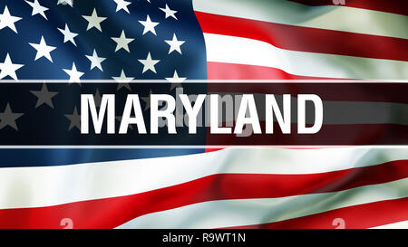 Stato del Maryland su una bandiera degli Stati Uniti di sfondo, rendering 3D. Stati Uniti d'America bandiera sventolare nel vento. Fiera bandiera americana sventolare, noi dello stato del Maryland Foto Stock