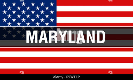Stato del Maryland su una bandiera degli Stati Uniti di sfondo, rendering 3D. Stati Uniti d'America bandiera sventolare nel vento. Fiera bandiera americana sventolare, noi dello stato del Maryland Foto Stock