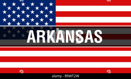 Arkansas state su una bandiera degli Stati Uniti di sfondo, rendering 3D. Stati Uniti d'America bandiera sventolare nel vento. Fiera bandiera americana sventolare, noi Arkansas State Foto Stock