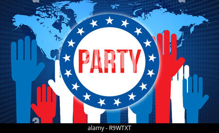 Elezione di partito su un mondo di sfondo, rendering 3D. Mondo Mappa del paese come sfondo politico concetto. Voto, libertà democrazia, parte il concetto di partito. Foto Stock