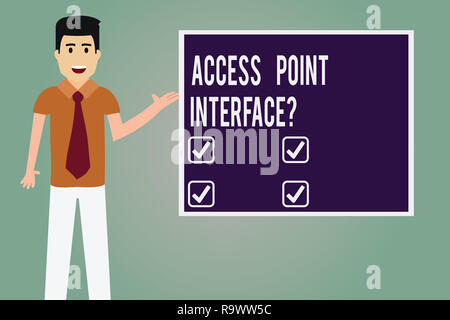 Parola di scrittura di testo Access Point Interfacequestion. Il concetto di business per consentire dispositivo wireless per connettersi a una rete Man con il tirante in piedi parlando di Pre Foto Stock