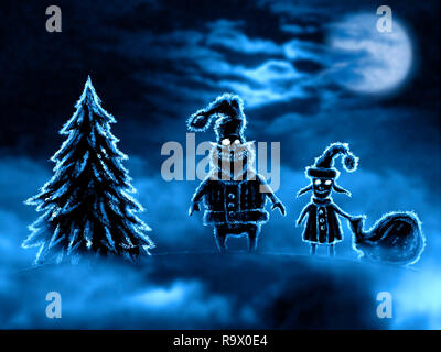 Scary Santa e la sua nipote con la sacca di doni. Illustrazione in genere horror. Foto Stock