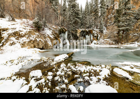 Inverno lago, alberi di pino, tramonto, colorado, nascosto lago, escursionismo Foto Stock