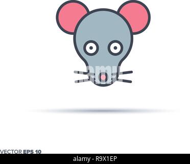 Carino il mouse contorno viso icona vettore con il colore di riempimento. Divertente illustrazione degli animali. Illustrazione Vettoriale