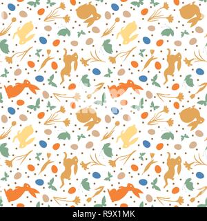 Vacanze di Pasqua a vettore seamless pattern con coniglietti, fiori e farfalle e uova su sfondo bianco Illustrazione Vettoriale