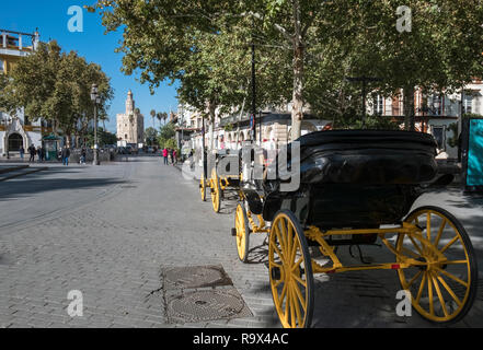 Carrozze trainate da cavalli in attesa per i clienti, con la storica torre difensiva Torre del Oro in distanza, Siviglia, Spagna. Foto Stock