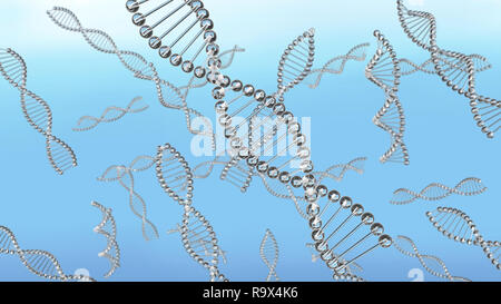 Molte catene di DNA in acqua floating. Il Dna da materiale di vetro e sfondo blu. La scienza genetica e di concetto Foto Stock