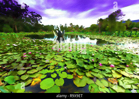 Effetto acquerello di blu acqua Lotus garden Victoria Australia Foto Stock