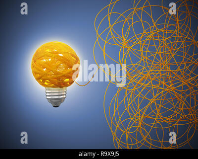 Tangled fune costituente una lampadina elettrica su sfondo blu. 3D'illustrazione. Foto Stock