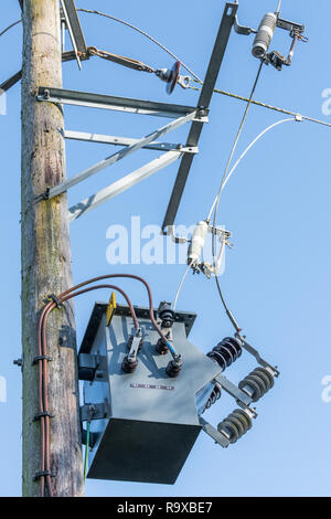 11 KV pole montati due trasformatore monofase con isolatori ceramici e conduttori non isolati. Due core di uscita secondaria. Foto Stock