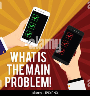 La grafia la scrittura di testo qual è il problema principale. Concetto significato identificare la causa di disturbi i lavori di riparazione di due analisi Hu Mani Ogni azienda vuoto Foto Stock