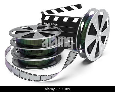 Bobina di film e cinema clap isolati su sfondo bianco del rendering 3D Foto Stock