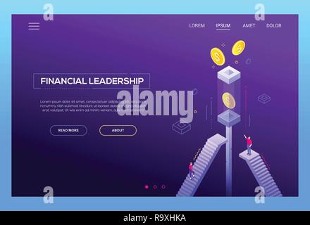 Leadership finanziaria - moderno vettore isometrica sito testata su sfondo viola con copia spazio per il testo. Landing page con modello di business peopl Illustrazione Vettoriale