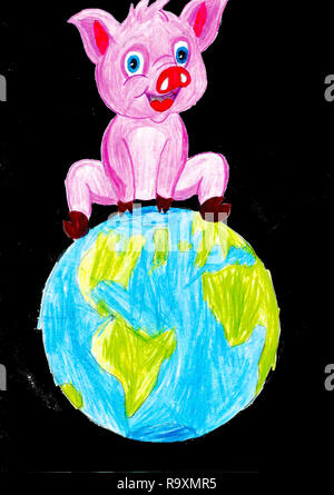 Big Pink pig seduti sulla Terra, sfondo nero, disegno del bambino Foto Stock