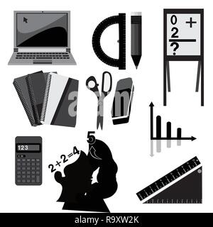 Set di vettore di forniture scolastiche in bianco e nero Illustrazione Vettoriale