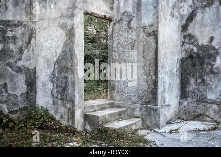 Calcestruzzo vuoto porta con una scala in un abbandono del cinema di calcestruzzo Foto Stock