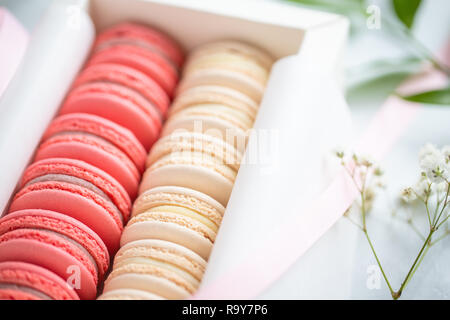 Corallo e torte beige macarons o amaretti in una scatola regalo bianca. Il concetto di giorno di San Valentino e la molla è in festa. Foto Stock