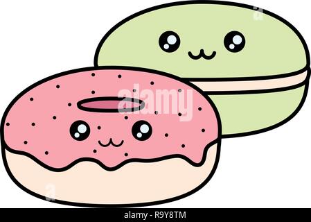Caramella dolce con donut kawaii caratteri illustrazione vettoriale design Illustrazione Vettoriale