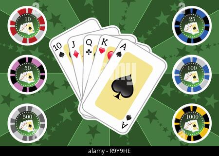 Computer generato illustrazione: set di carte da poker e trucioli Illustrazione Vettoriale