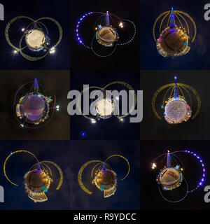 Set di 9 anno nuovo poco pianeti. Antenna sferica 360 Panorami grado vista notturna su una festosa piazza con un albero di Natale Foto Stock