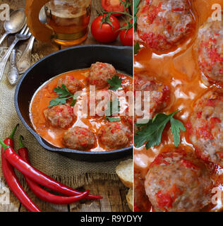 Le polpette di carne con peperoncino su una tavola di legno Foto Stock