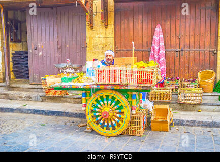 Il Cairo, Egitto - 20 dicembre 2017: il mercante al piccolo carrello del negozio con una varietà di frutta e verdura in scatole, il venti dicembre al Cairo. Foto Stock