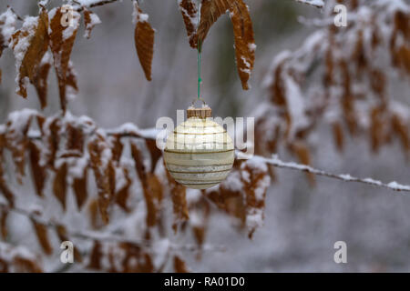 Composizioni dalla struttura ad albero di Natale toy nella foresta di inverno Foto Stock