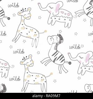 Animali safari seamless pattern con simpatici elefanti, zebre, giraffe. Illustrazione Vettoriale in stile infantile grande per tessuto , sfondi, sfondi, Illustrazione Vettoriale