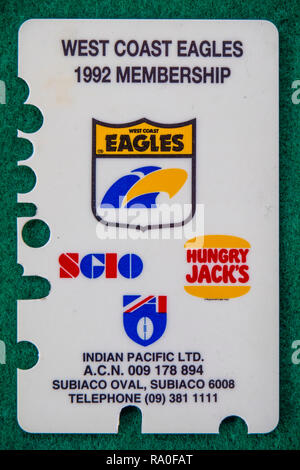 West Coast Eagles Football Club membership card per l'anno 1992. Foto Stock
